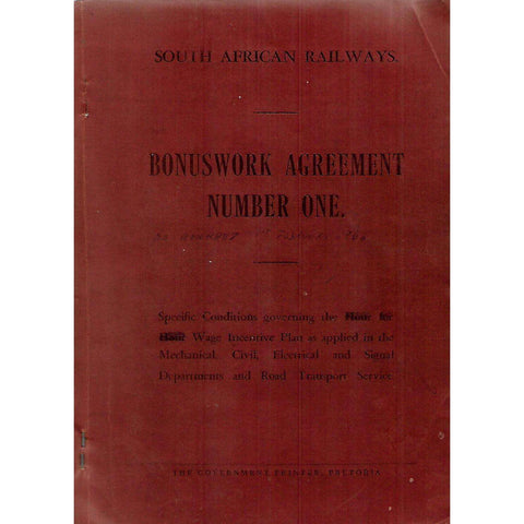 Bonuswork Agreement Number One (With 1962 Amendments Pasted In, Afrikaans and English Edition)