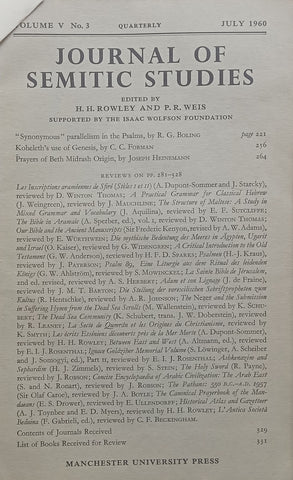 Journal of Semitic Studies (Vol. 5, No. 3, July 1960)