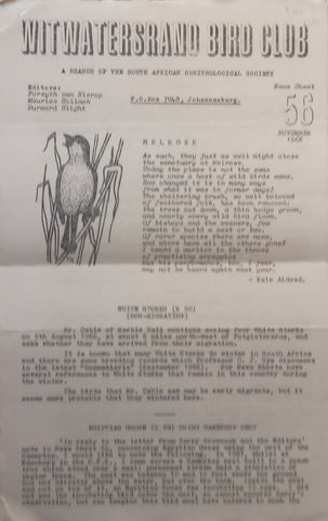 Witwatersrand Bird Club (News Sheet No. 56, November 1966)