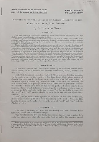 Weathering of Various Types of Karoo Dolerite, in the Middleburg Area, Cape Province (Proof) | D. H. van der Merwe