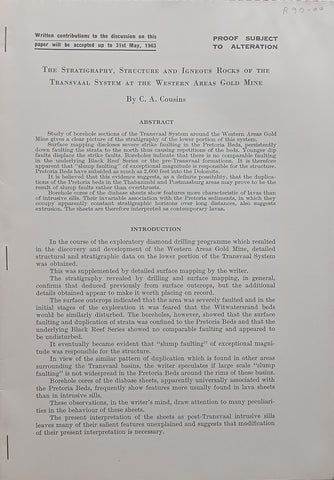 The Stratigraphy, Structure and Igneous Rocks of the Transvaal System at the Western Areas Gold Mine (Proof) | C. A. Cousins