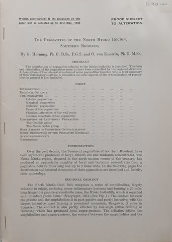The Pegmatites of the North Mtoko Region, Southern Rhodesia (Proof) | G. Hornung &amp; O. von Knorris