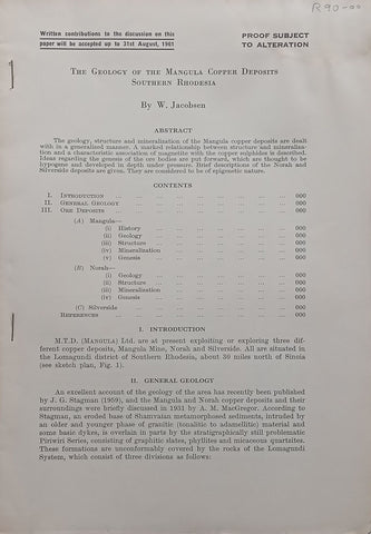 The Geology of the Mangula Copper Deposits, Southern Rhodesia (Proof) | W. Jacobsen