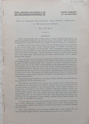 Note on Chlorite Pseudomorphs after Detrital Amphibole in Witwatersrand Blanket (Proof) | G. M. Koen
