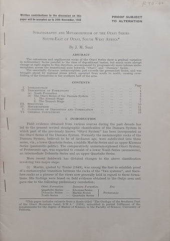 Stratigraphy and Metamorphism of the Otavi Series South-East of Otavi, South West Africa (Proof) | J. M. Smit
