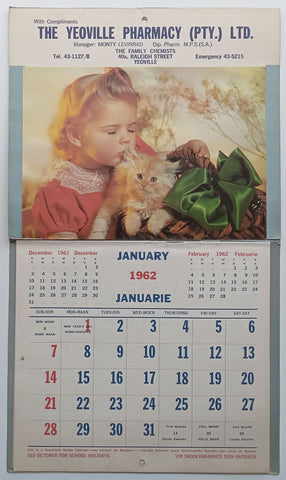 The Yeoville Pharmacy 1962 Calender (With Recipes and First Aid Hints and Useful Tips)