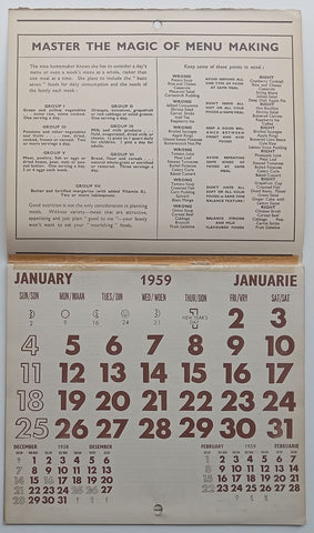 The Yeoville Pharmacy 1959 Calender (With Recipes and First Aid Hints and Useful Tips)