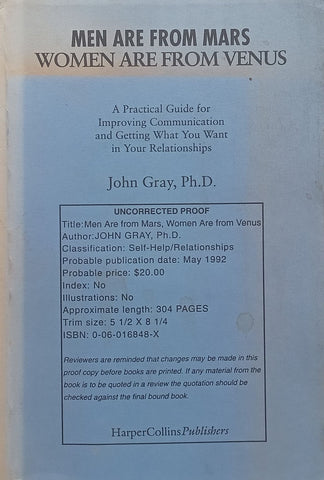 Men Are From Mars, Women Are From Venus (Proof Copy) | John Gray