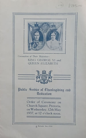 Coronation of King George VI: Public Service of Thanksgiving and Dedication (Programme, Afrikaans/English)