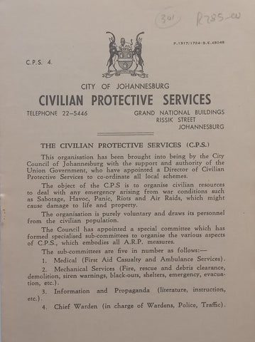 City of Johannesburg Civilian Protective Services Booklet (English/Afrikaans Dual Language, Published c. 1940)