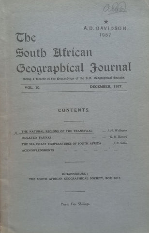 The South African Geographical Journal (Vol. 10, December 1927)