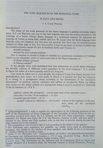 The Tone Sequences of the Potential Form in Zulu and Xhosa. (Ethnological and Linguistic Studies in Honour of N.J. Van Warmelo. Essays Contributed on the occasion of his Sixty-Fifth Birthday 28 January 1969) | J.A Louw