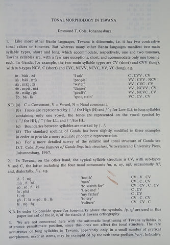 Tonal Morphology in Tswana. (Ethnological and Linguistic Studies in Honour of N.J. Van Warmelo. Essays Contributed on the occasion of his Sixty-Fifth Birthday 28 January 1969) | Desmond T. Cole