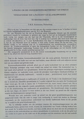 ‘n Poging om die Onderskeidingskenmerke van Enkele Vendafoneme tot ‘n Patroon van Klankopposisies te Sistematiseer. | T.M.H. Endemann