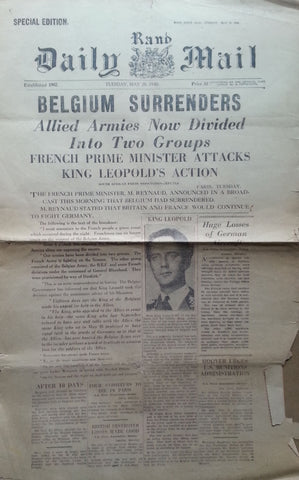 Rand Daily Mail, 28 May, 1940 Special Edition (Belgium Surrenders)