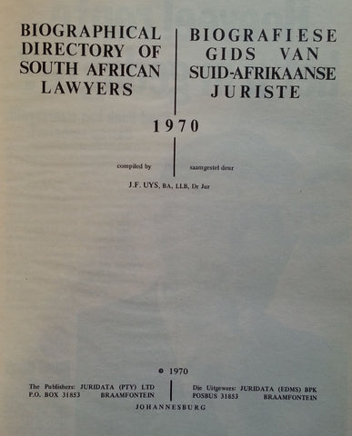 Biographical Directory of South African Lawyers, 1970 | J. F. Uys