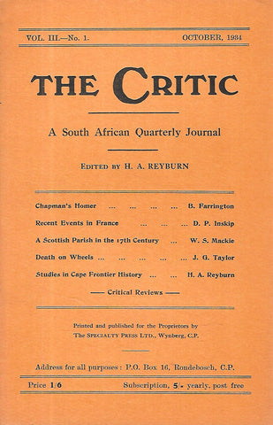 The Critic: A South African Quarterly Journal (Vol. 3, No. 1, October 1934)