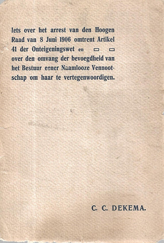 Iets Over Het Arrest van den Hoogen Raad van 8 Juni 1906 Omtrent Artikel 41 der Onteigeningswet (Dutch) | Carel Christiaann Dekema