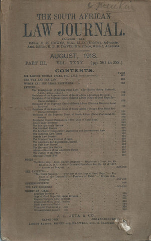 The South African Law Journal Part III, Vol. XXXV, August 1918)