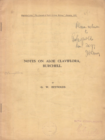 Notes on Avoe Claviflora, Burchell (With Note by Author on Front Cover) | G. W. Reynolds