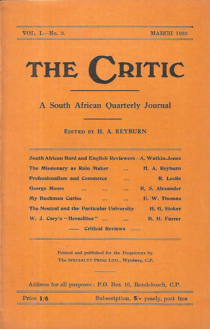The Critic: A South African Quarterly Journal (Vol. 1, No. 3, March 1933)