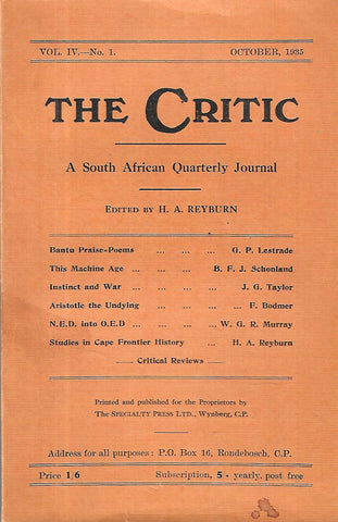 The Critic: A South African Quarterly Journal (Vol. 4, No. 1, October 1935)