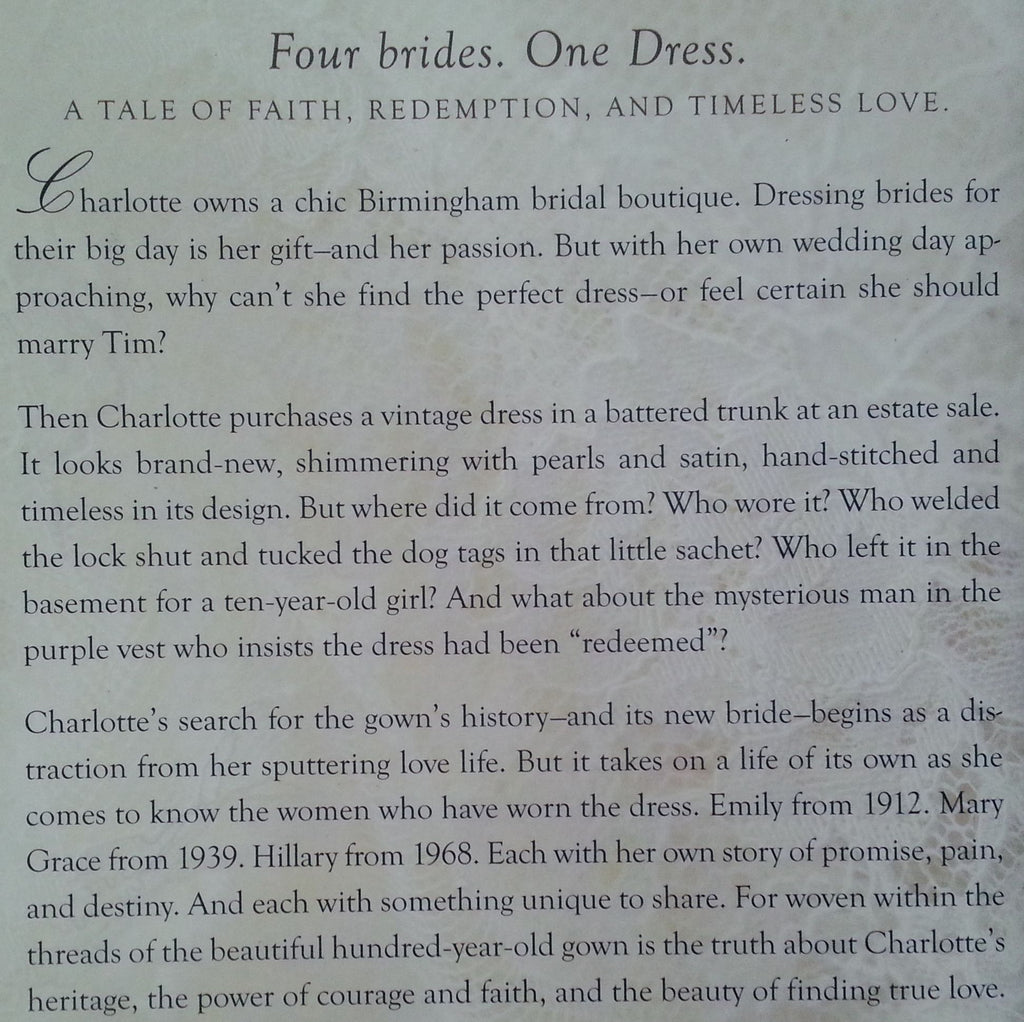 the wedding dress by rachel hauck Publisher: Thomas Nelson (2012)ISBN: 9781595549631Condition: Very Good+Binding: SoftcoverPages: 343Dimensions: 21.2 x 13.8 x 2.3cmSKU: IZa7037Weight: 0.35kgPrice: R45.00+++by Rachel Hauck+++ Please see photo for synopsis of book. | Book
