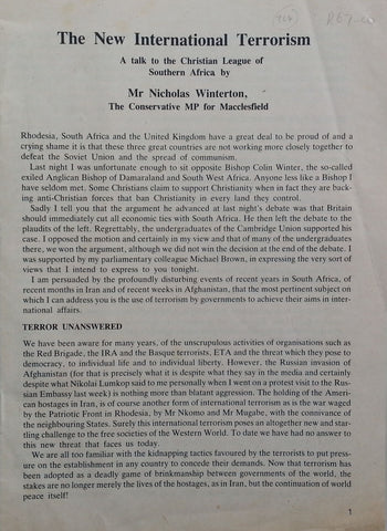 The New International Terrorism: A Talk to the Christian League of Southern Africa (Pamphlet) | Nicholas Winterton