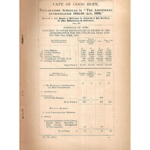 Cape of Good Hope Explanatory Schedule to "The Additional Appropriation  1895-96 Act" (1896)