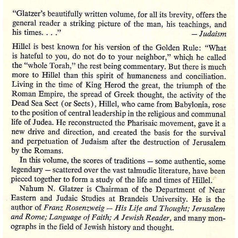 Hillel the Elder: The Emergence of Classical Judaism | Nahum N. Glatzer