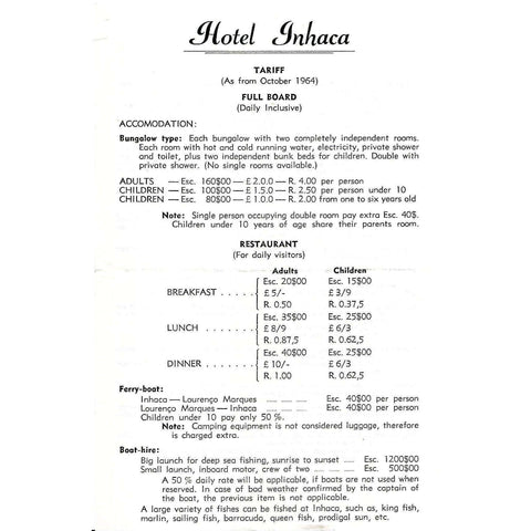 Hotel Inhaca Tariff Sheet (October 1964)