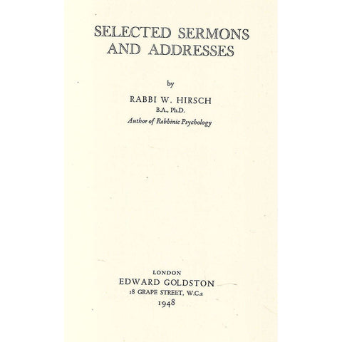 Selected Sermons and Addresses | Rabbi W. Hirsch