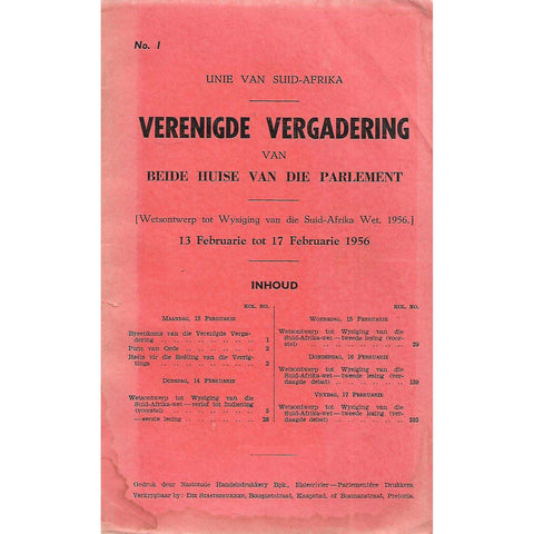 Verenigde Vergadering van Beide Huise van die Parlement (2 Volumes, February 1956)